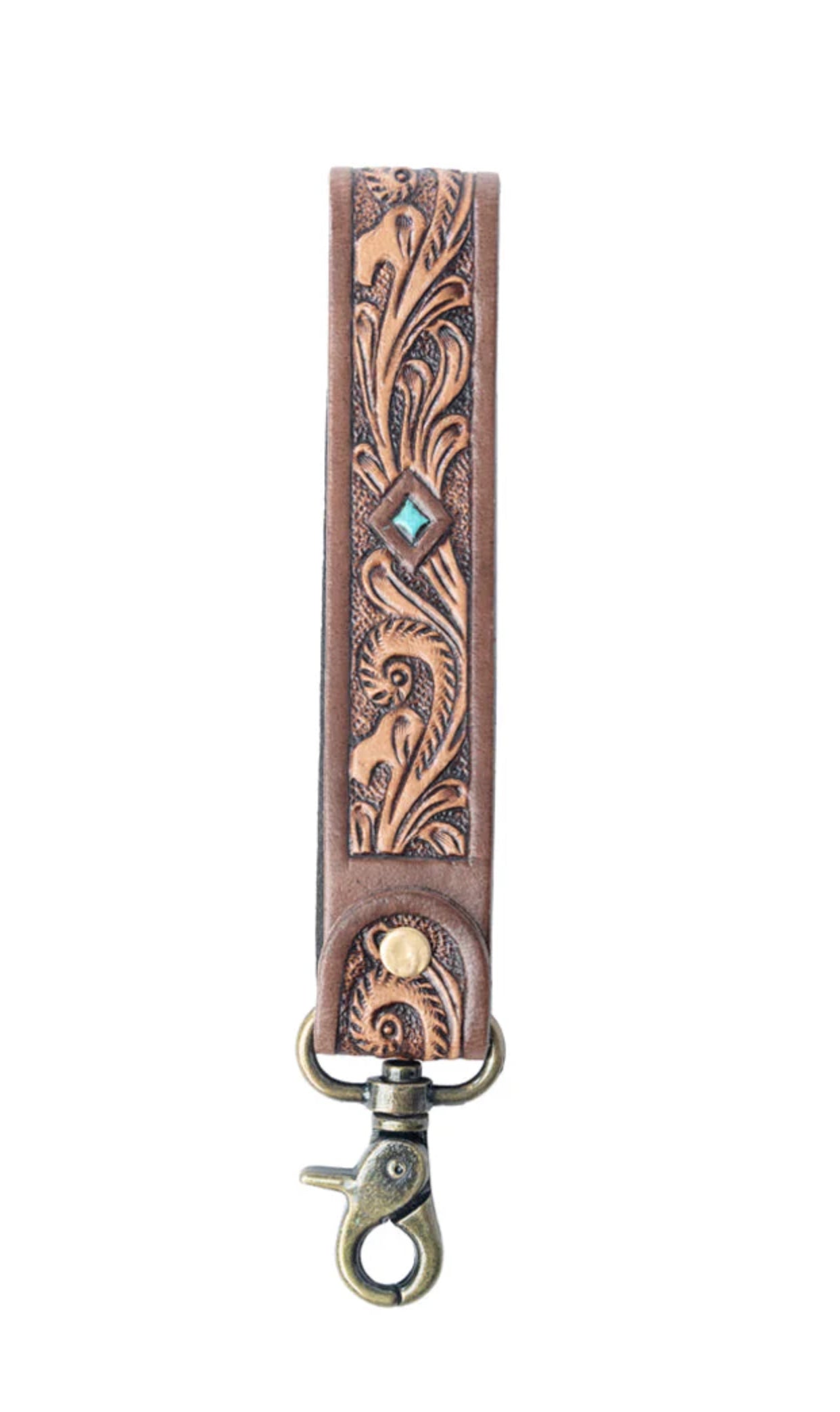 Spirit Stone Handtooled Leather Keyfob In Mahogany Brown