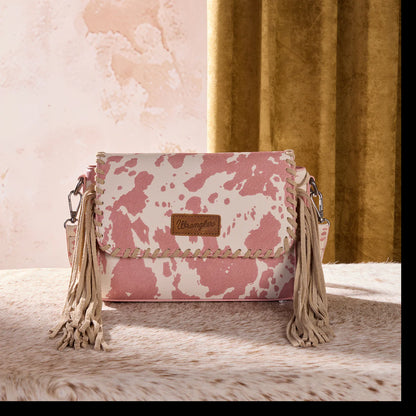 Wrangler Cow Print Fringe Crossbody Bag - Pink