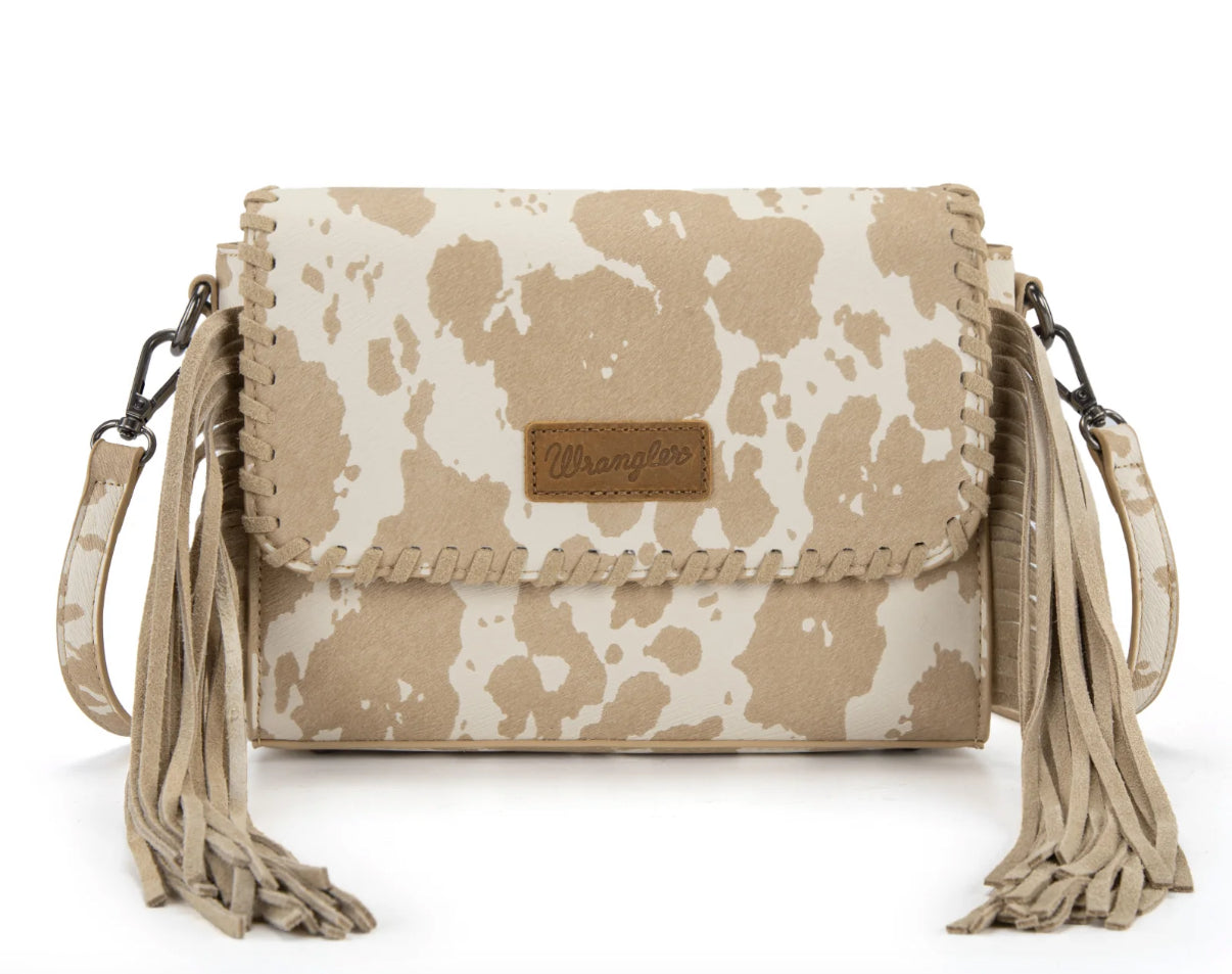 Wrangler Cow Print Fringe Crossbody Bag - Tan