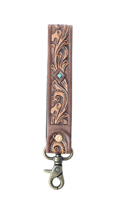 Spirit Stone Handtooled Leather Keyfob In Mahogany Brown