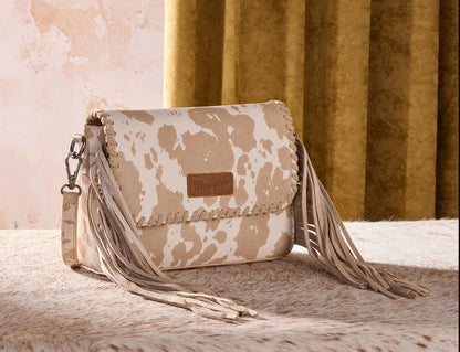 Wrangler Cow Print Fringe Crossbody Bag - Tan