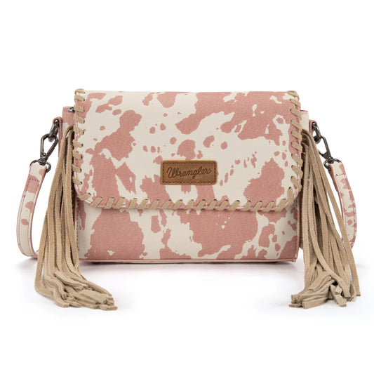 Wrangler Cow Print Fringe Crossbody Bag - Pink