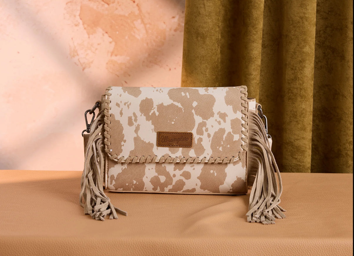 Wrangler Cow Print Fringe Crossbody Bag - Tan