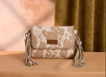 Wrangler Cow Print Fringe Crossbody Bag - Tan