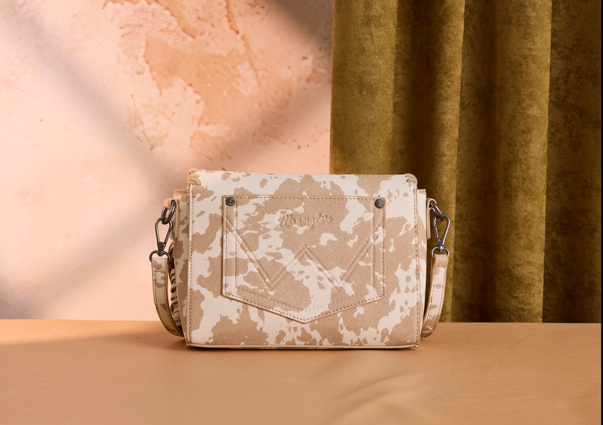 Wrangler Cow Print Fringe Crossbody Bag - Tan