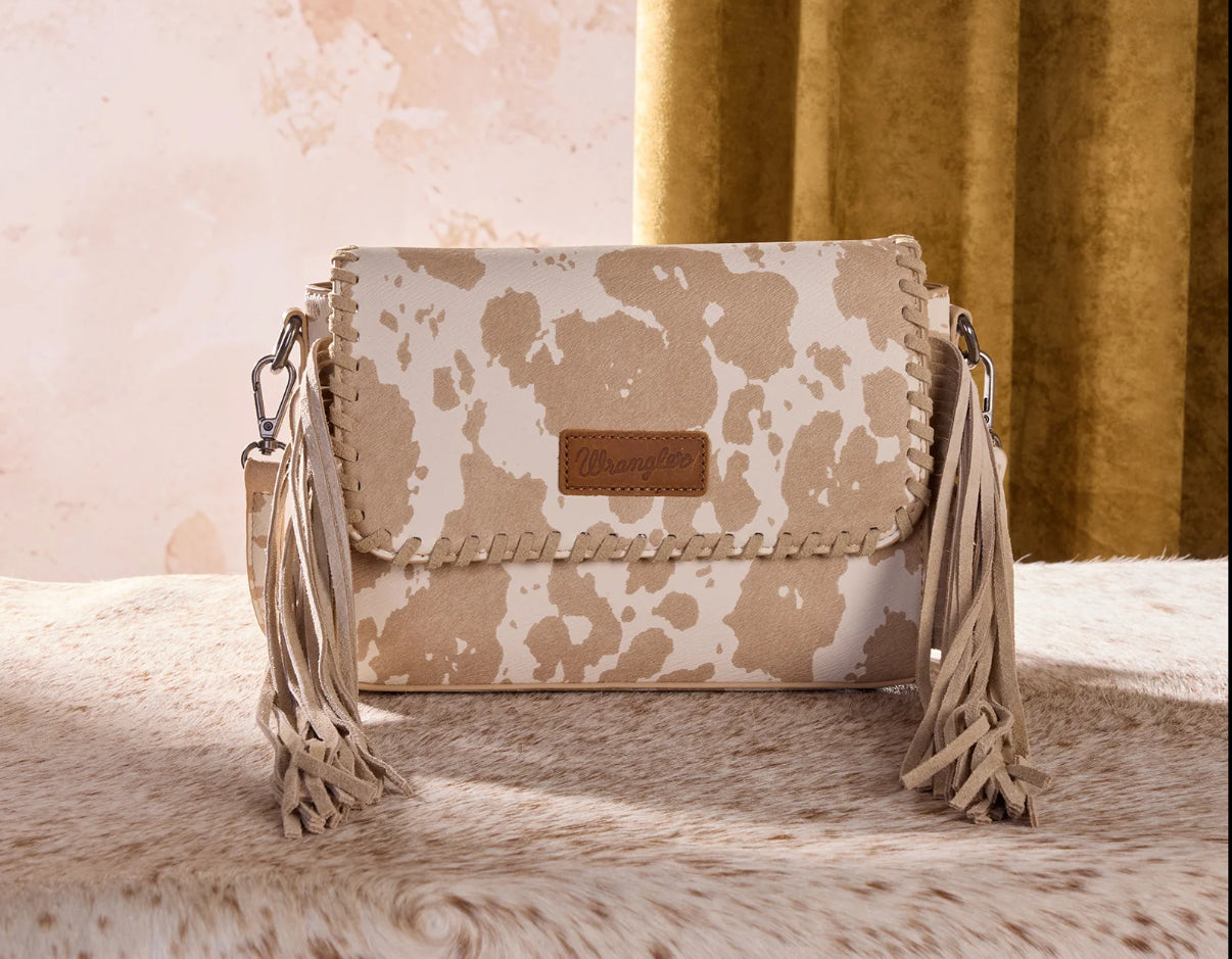 Wrangler Cow Print Fringe Crossbody Bag - Tan