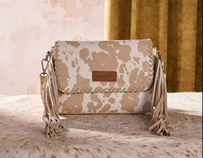 Wrangler Cow Print Fringe Crossbody Bag - Tan