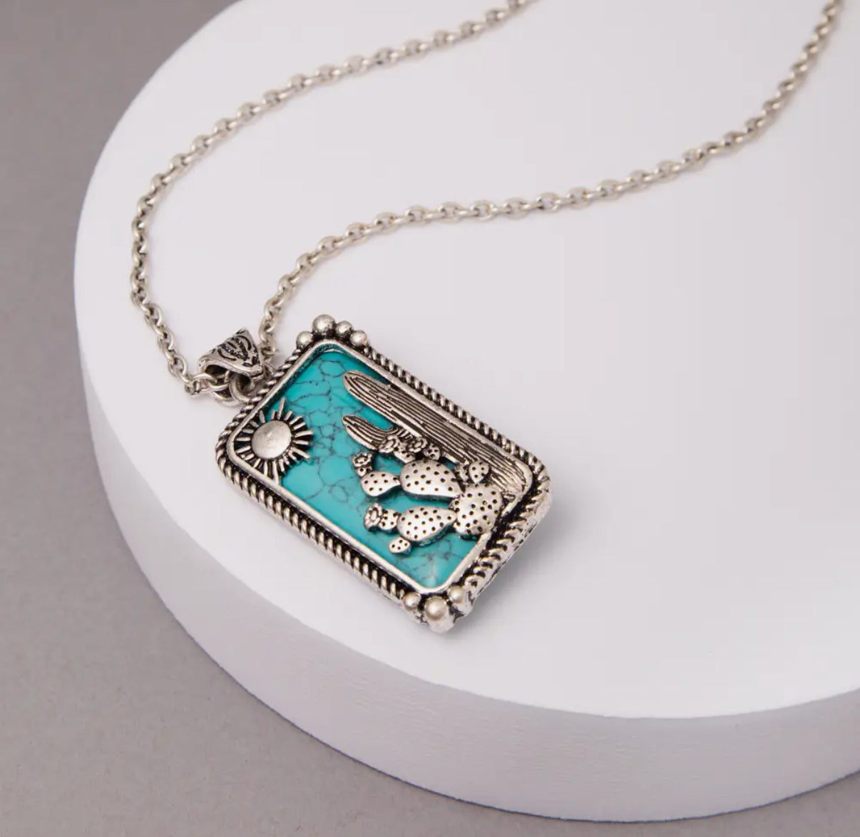 Western Turquoise Desert Cactus Bar Pendant Necklace