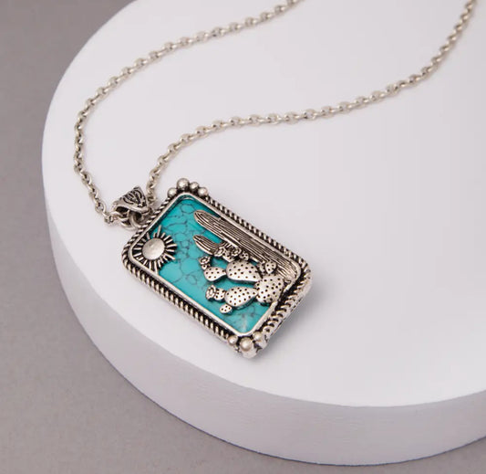 Western Turquoise Desert Cactus Bar Pendant Necklace