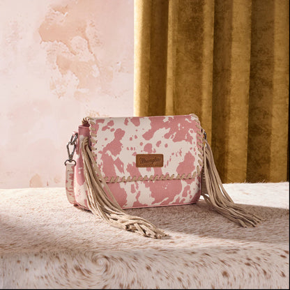 Wrangler Cow Print Fringe Crossbody Bag - Pink