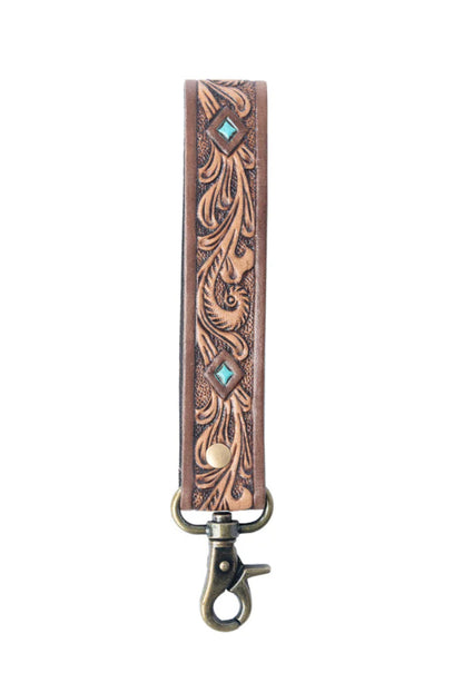 Spirit Stone Handtooled Leather Keyfob In Mahogany Brown