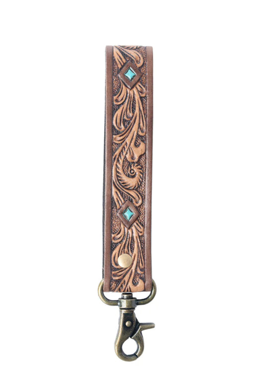Spirit Stone Handtooled Leather Keyfob In Mahogany Brown