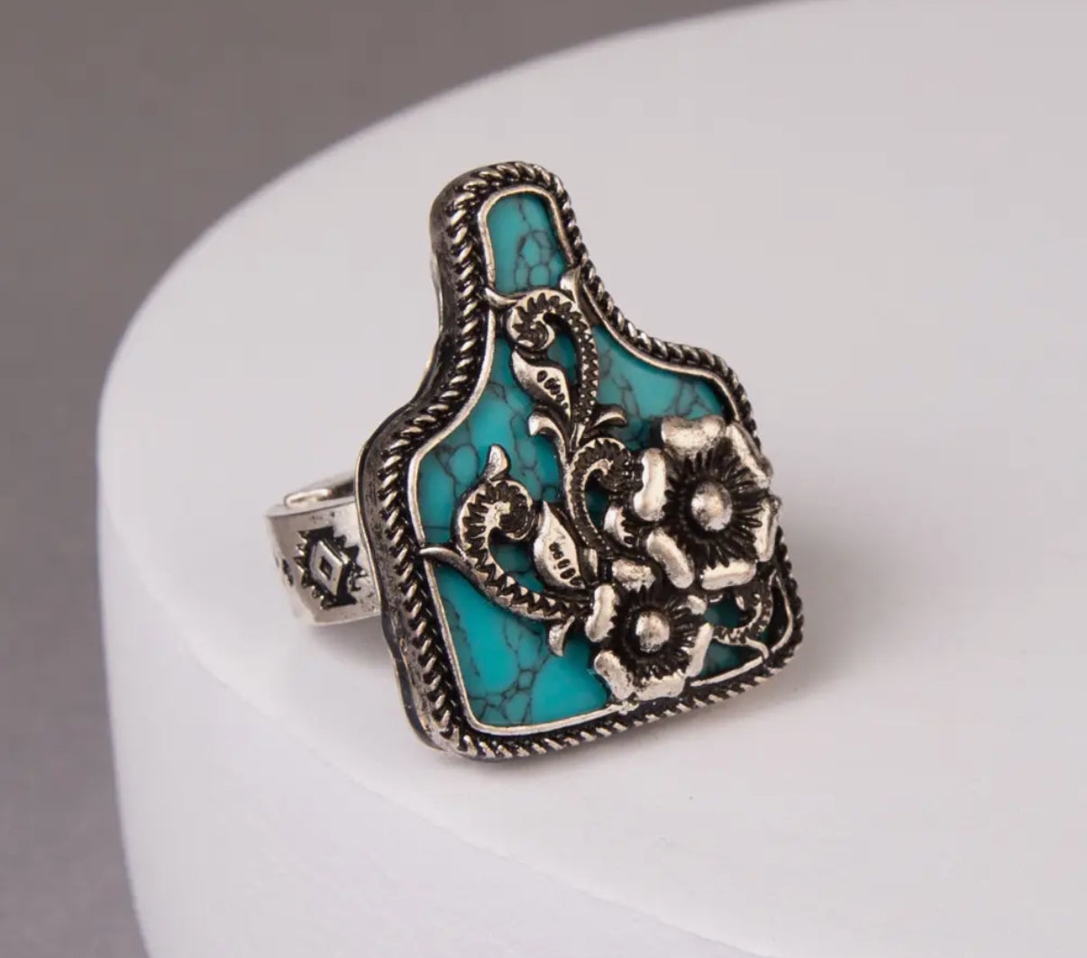 Western Floral Cattle Tag Stretch Ring
