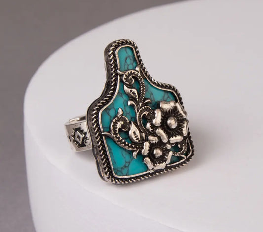 Western Floral Cattle Tag Stretch Ring