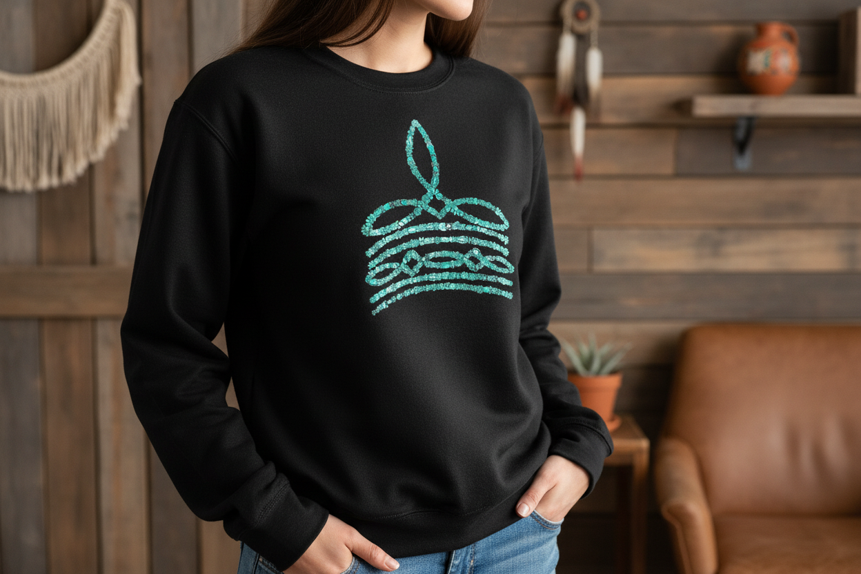 Close-up of person wearing black sweatshirt with turquoise southwestern design
